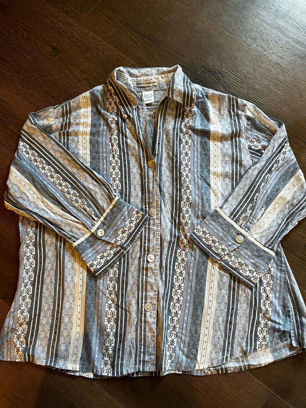 Rebecca Malone 100% Cotton Blue Striped Boho Button Down Shirt Women's L